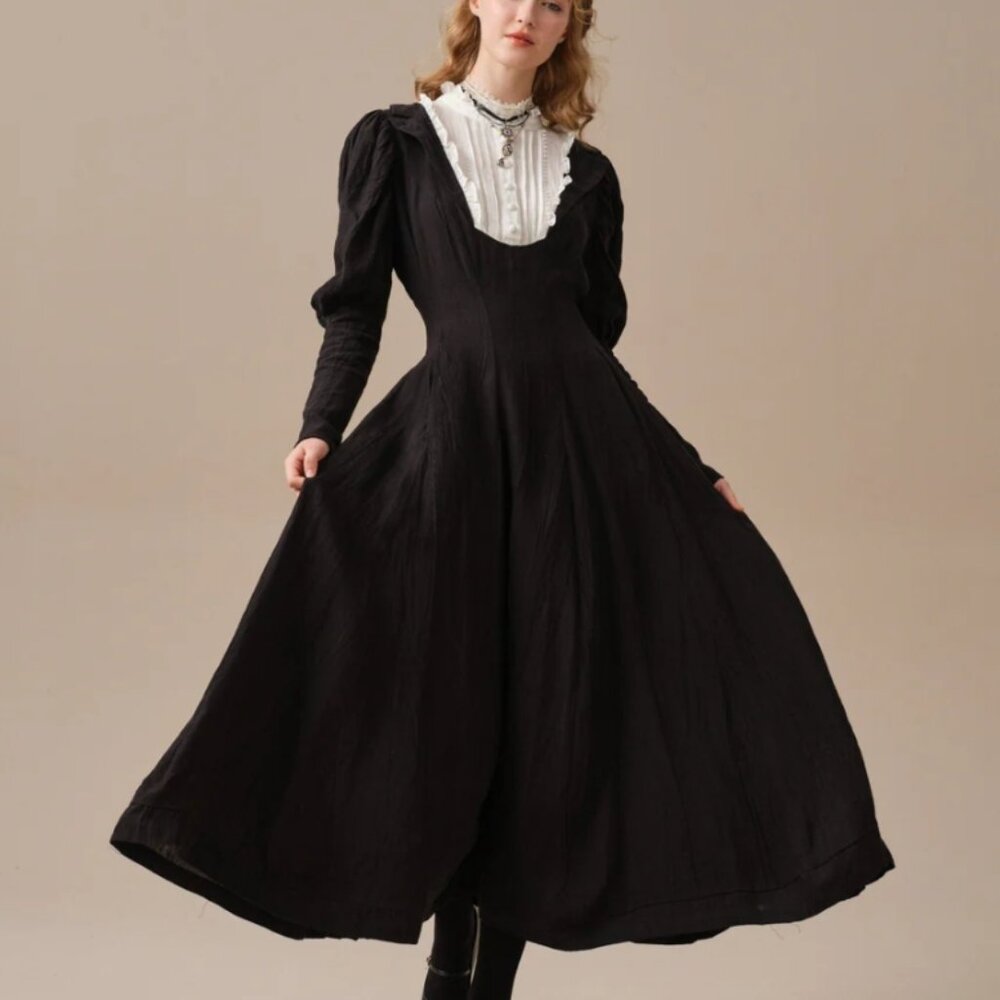 Linennaive Luna 19 Black Linen Victorian Gothic Dress Plus Size 3x Ruffle